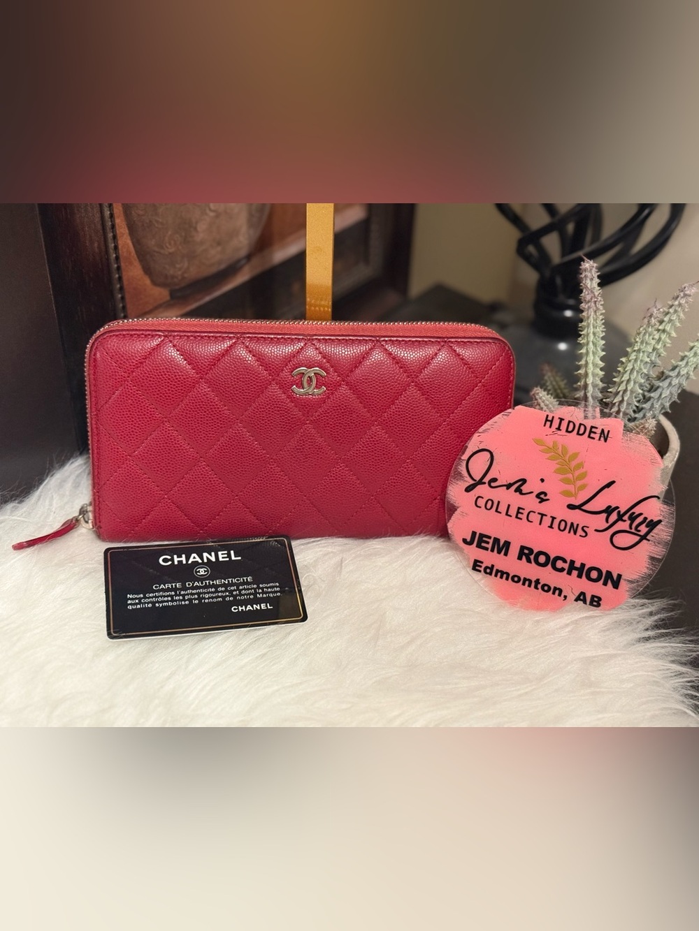 CHANEL Quilted Red Zip-Around Leather Wallet with CC Logo